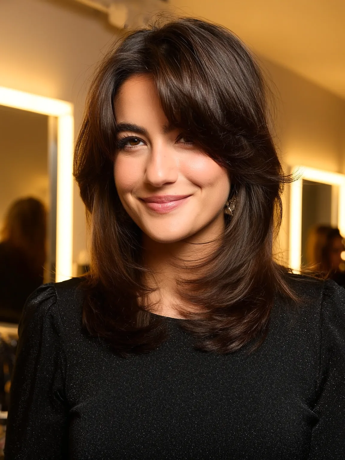 Medium Layered Cut with Chestnut Curtain Bangs